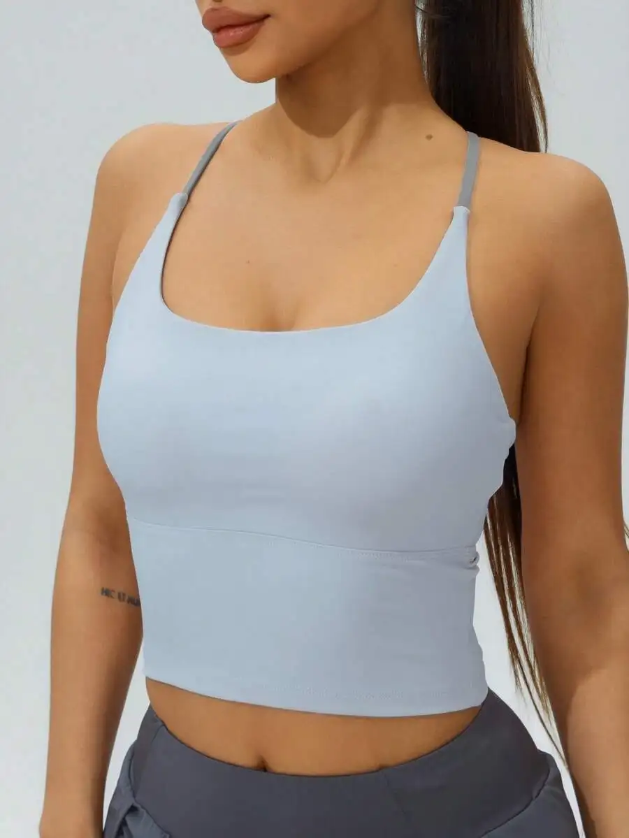 

Womens Fixed Pad Sports Camisole Yoga Tank Top Sky Blue Elastic Crop Top