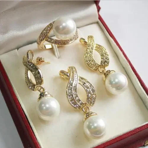 

beautiful 12mm White Shell Pearl Pendant Necklace Earrings rings jewelry set 18"