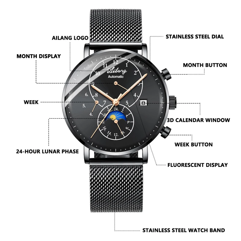 AILANG Brand New Fashion Moon Phase Mechanical Watch for Men Stainless Steel Mesh Strap 50m Waterproof Automatic Watches Mens