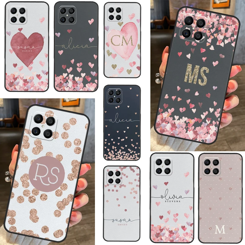 Custom Polka Heart Rose Gold Monogram For Huawei Honor X9a X7 X8 X9 50 70 P20 P40 P30 Lite Mate 50 Pro Nova 5T P Smart 2021 Case