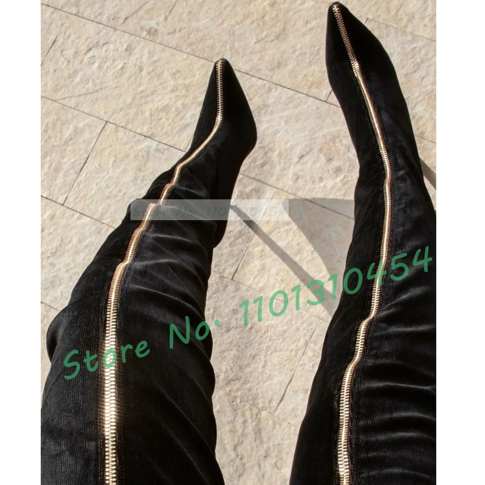 

Front Zipper Over-knee Boots Women Back Corduroy Fashion Pointed Toe Boots Ladies High Stiletto Heels Back Cutout Sexy Shoes