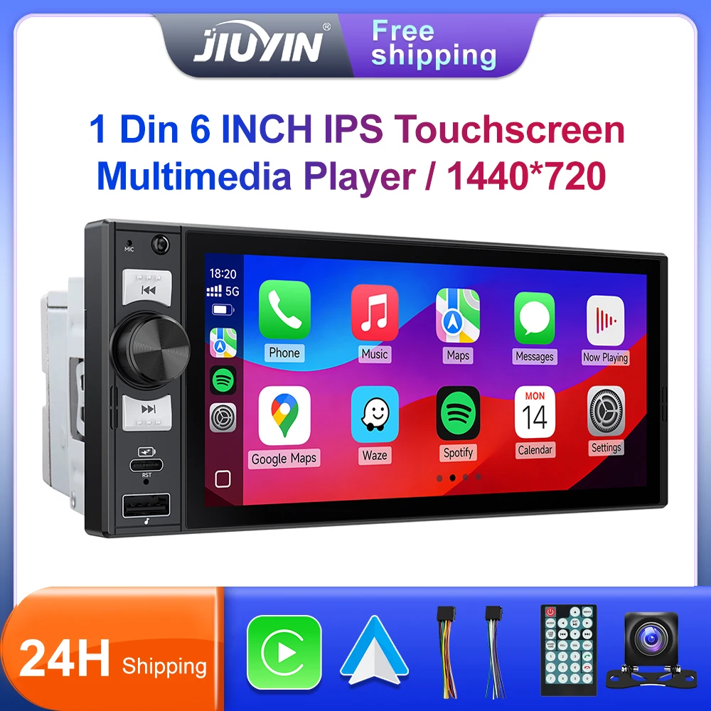 

JIUYIN 6 "Универсальный 1DIN автомобильный MP5 стереоплеер мультимедийное радио беспроводной CarPlay Android Auto FM USB Type-C Plug сенсорный экран