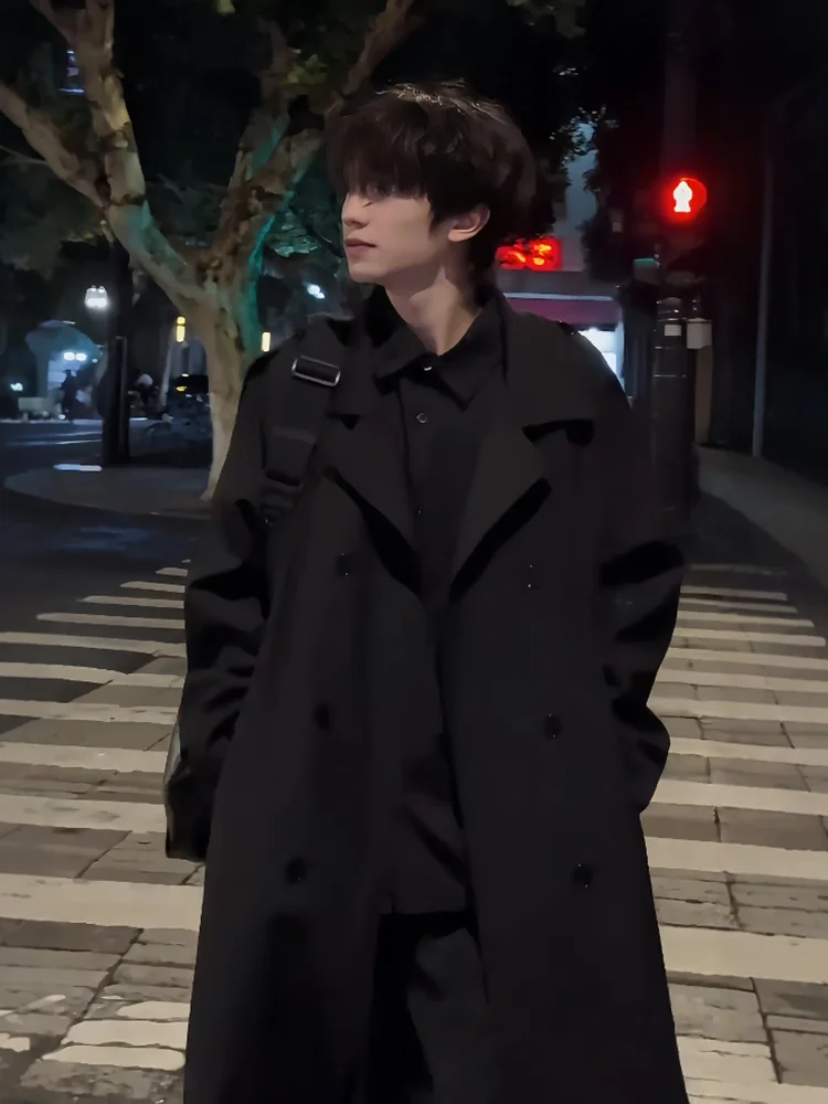 

Korean Briti Sle Loose Fit Knee-Length Men's Coat Bla Mid-Length Windbreaker Youthful Trendy Autumn Winter Outerwear