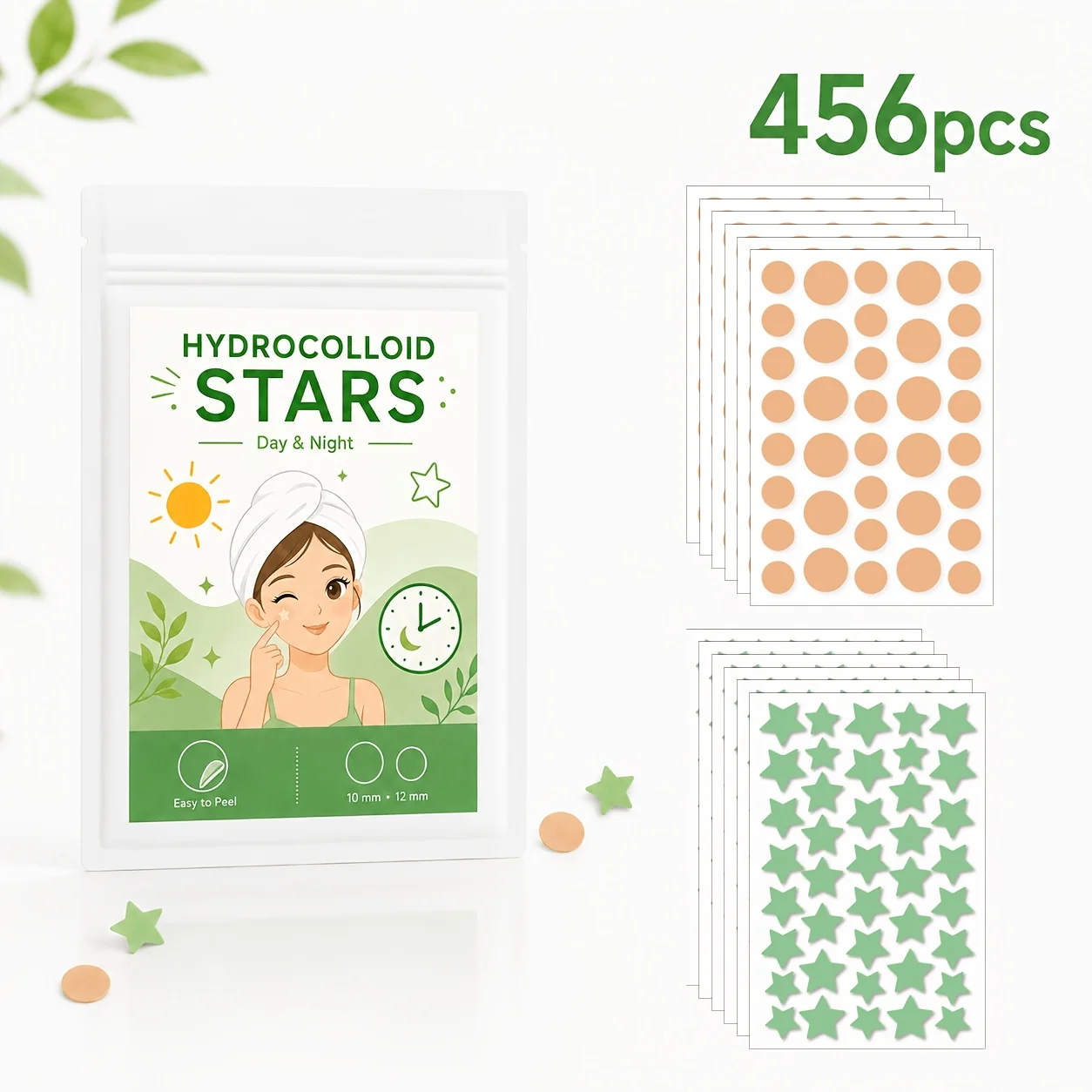 456PCS Hydrocolloid Pimple Patches, Green Star & Skin Tone Round Face Stickers for Men Women, Day Night Party Use