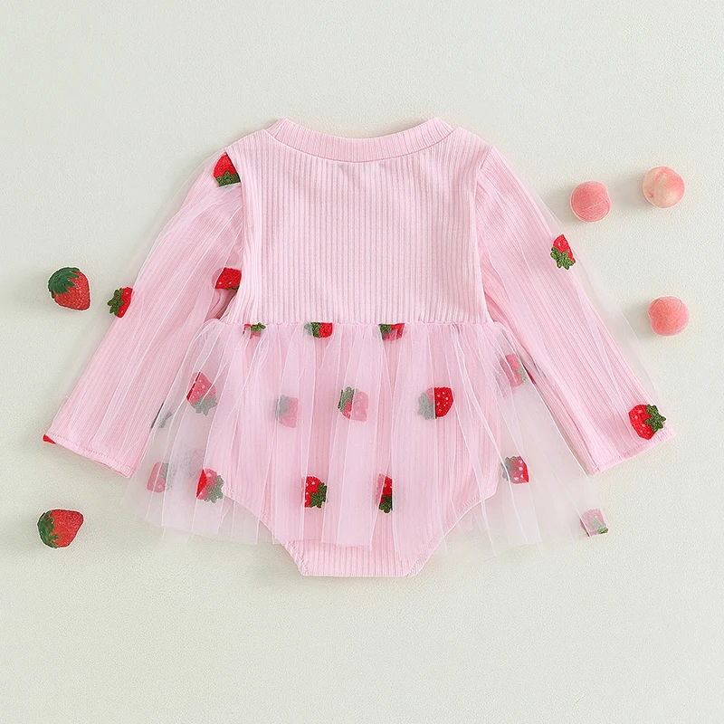 Toddler Baby Girls Romper Dress Strawberry Print Mesh Patchwork Crew Neck Long Sleeve Jumpsuit Newborn Fall Clothes Baby