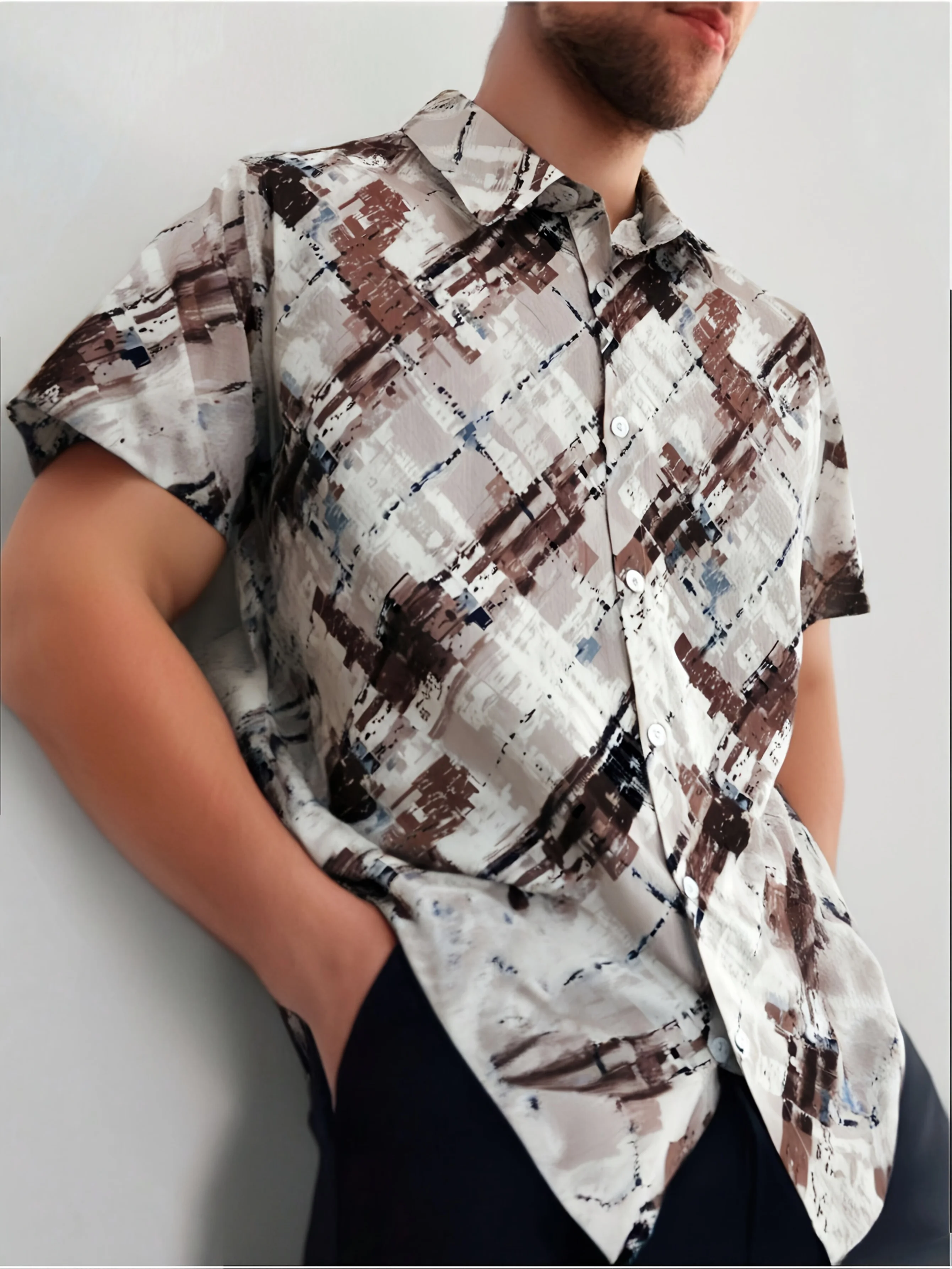 Men Light Blue Teal Brown Distressed Graffiti Plaid Thin Print Short Sleeve Casual Shirt