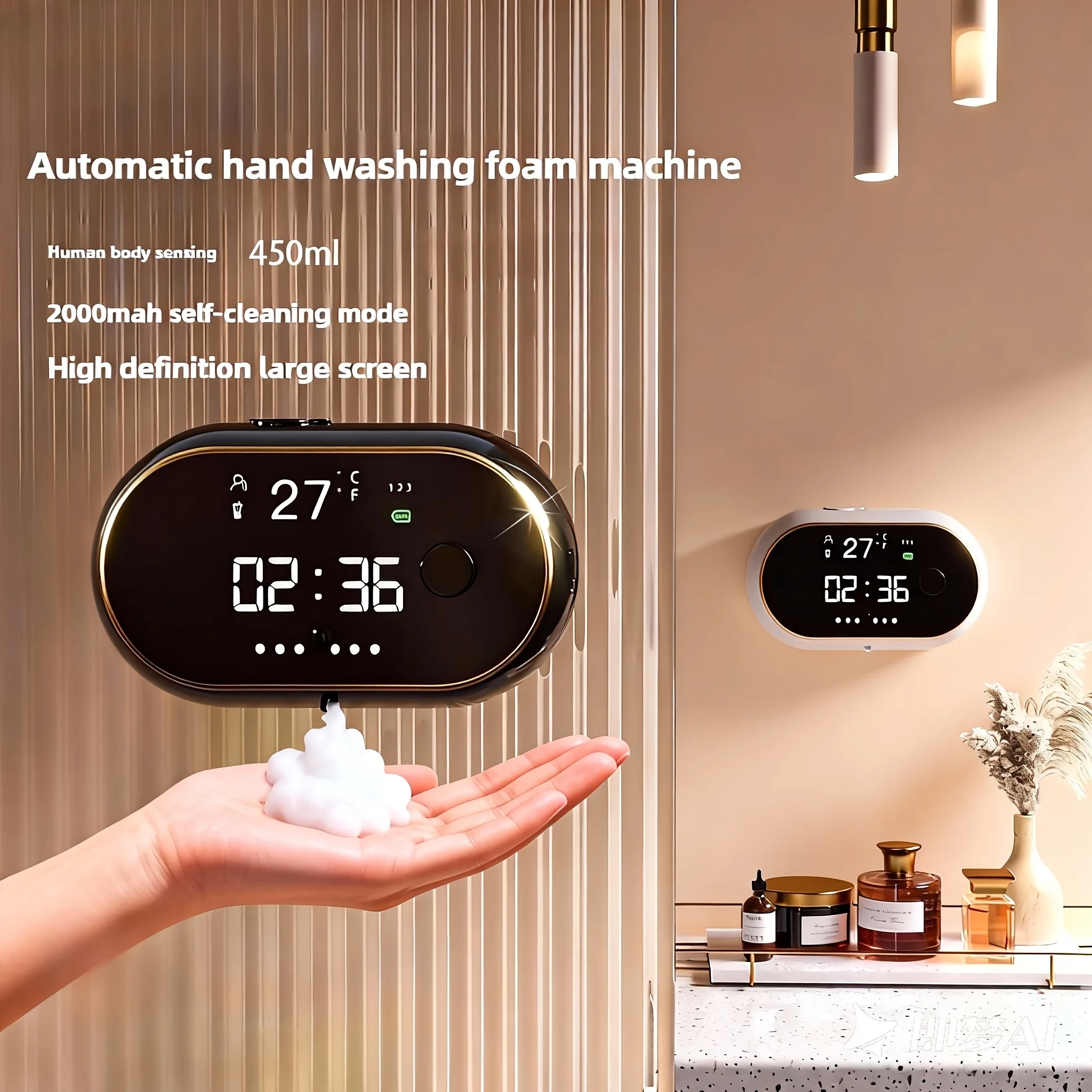 

Автоматический дозатор для пенного мыла на 400 мл с сенсорным управлением, настенный, бесконтактный, с регулировкой пены, LED-дисплеем, для ванной и кухни