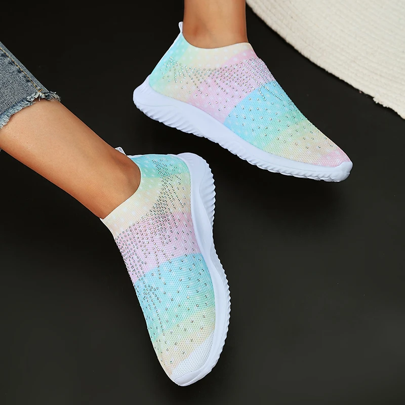 Mix Color Knitting Crystal Sneakers for Women Casual Slip On Mesh Walking Shoes Woman Soft Sole Rhinestone Dance Sock Sneakers