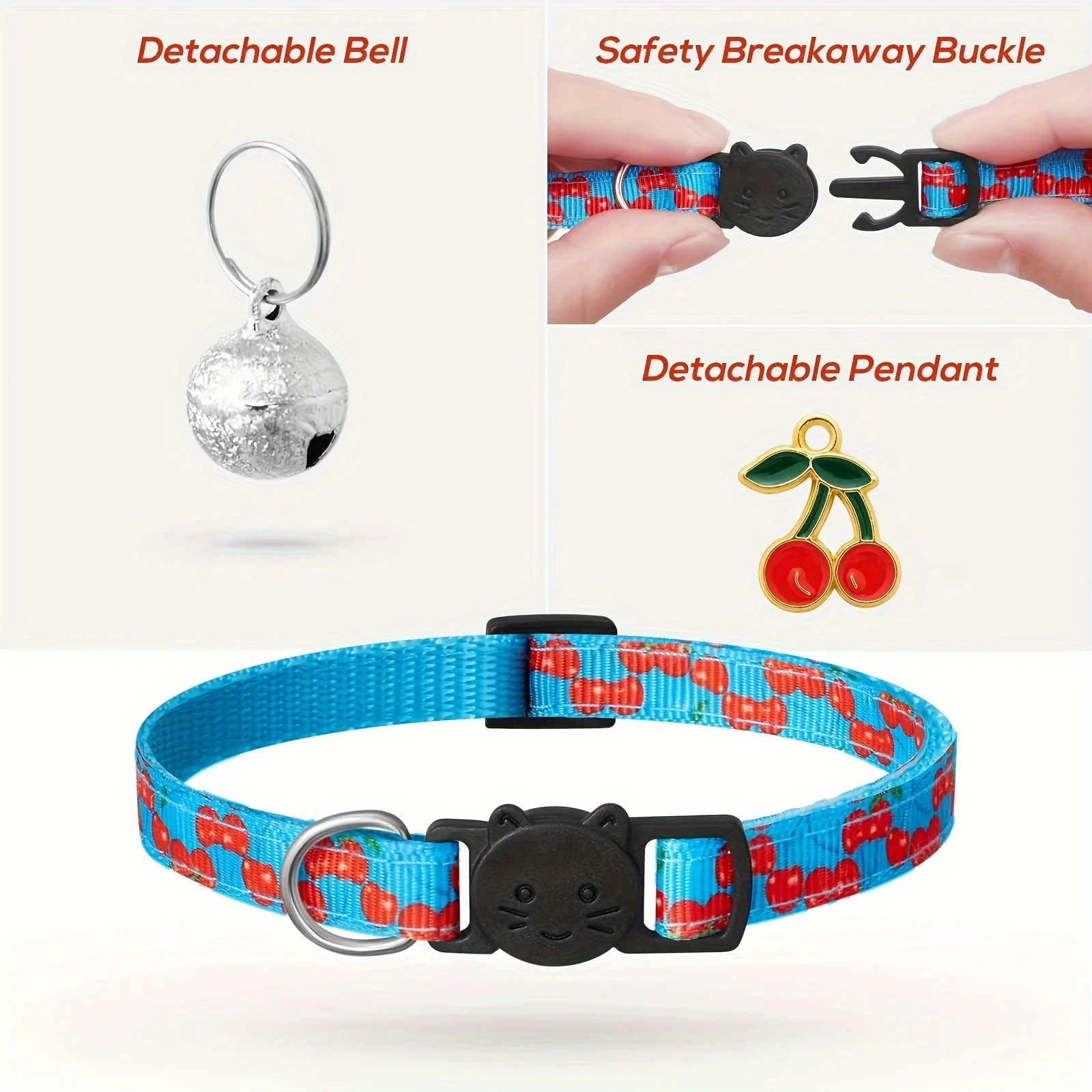 Katzenhalsbänder mit Fruchtmuster, 7er-Pack, Katzenhalsbänder, Fruchtmuster, abreißbare Schnalle, reflektierendes Sicherheits-Kätzchenhalsband mit Glöckchen und Anhänger – Detail 5