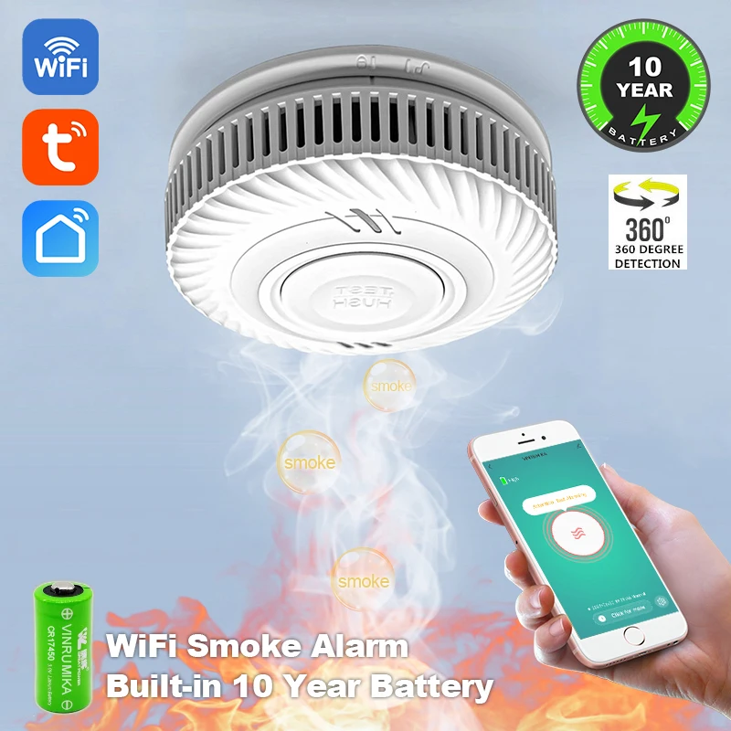 WiFi Tuya Smart Rauchmelder mit eingebauter 10-jähriger Lithium-Batterie für Wohnzimmer, Küche, Geschäft, Brandinspektion, Alarmsensor