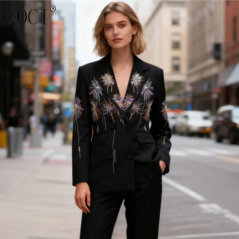 

ZOCI Лоскутные блейзеры с блестками для женщин, уникальный дизайн, пиджаки с длинным рукавом, пальто с зубчатым воротником, женский офисный женский топ 2025