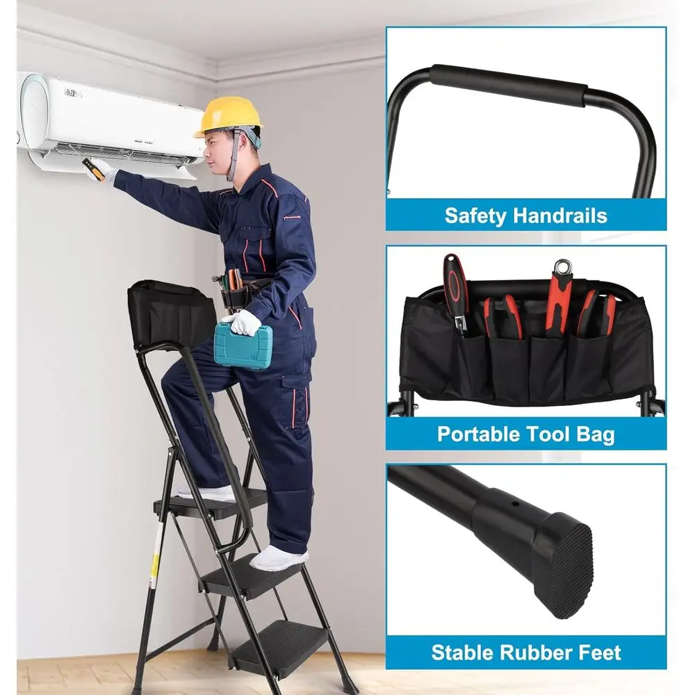 Ladder with Handrails, 500 Lbs Capacity, Folding Step Stool Ladder, Attachable Tool Bag, Lightweight & Storage, Multi-use for Ho