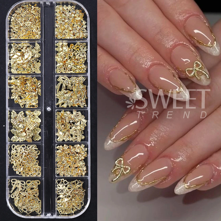 12Grids Metal Bow Nail Art Charm Gold 3D Bowknot Ribbon Nail Decoration Parts DIY Elegant Metallic Manicure Accessories Tools