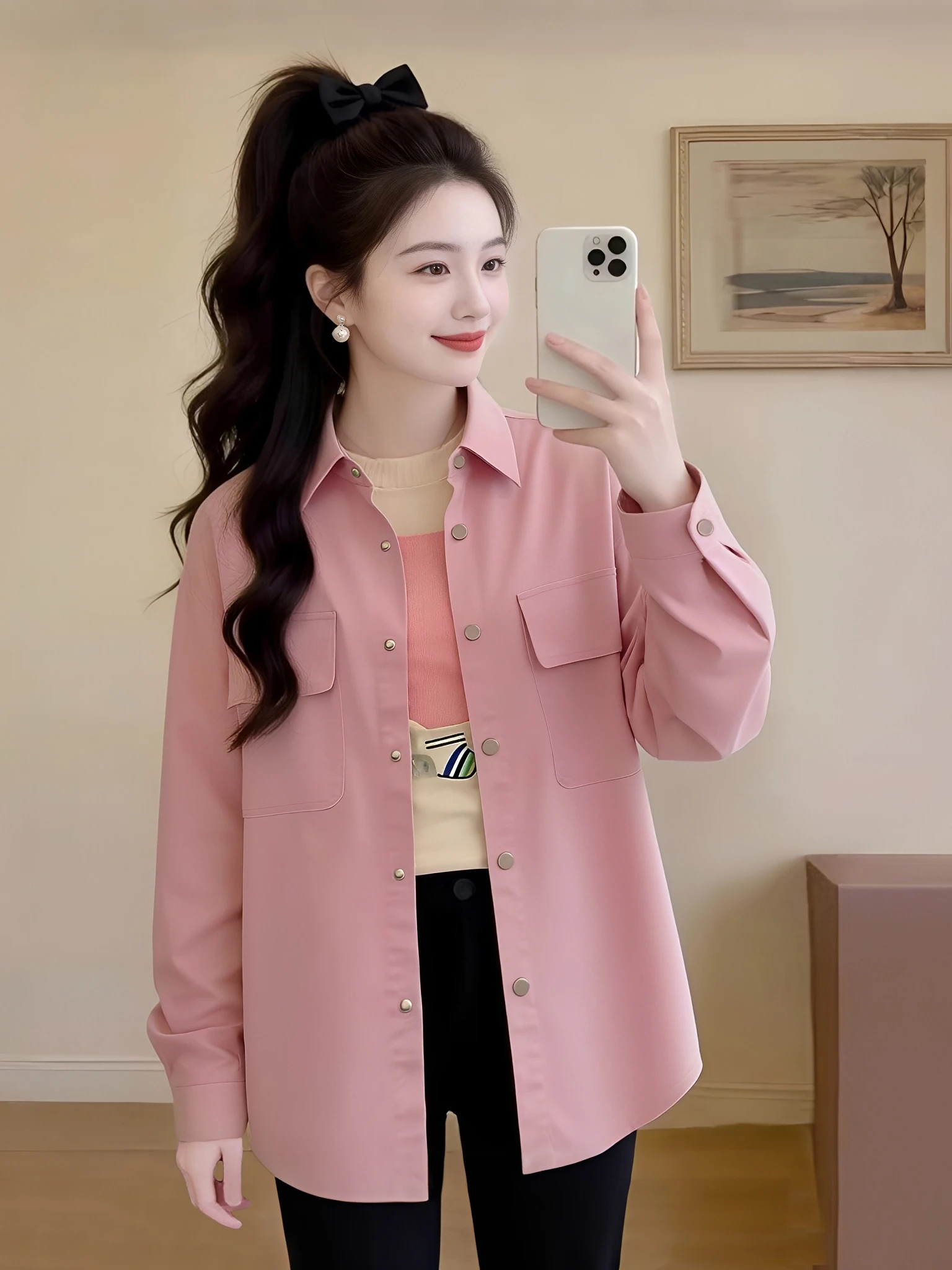 Elegant Double Pocket Design Women's Workwear Style Shirt Korean Commute Style Loose Fit Long Sleeve Breathable Skin-Friendly