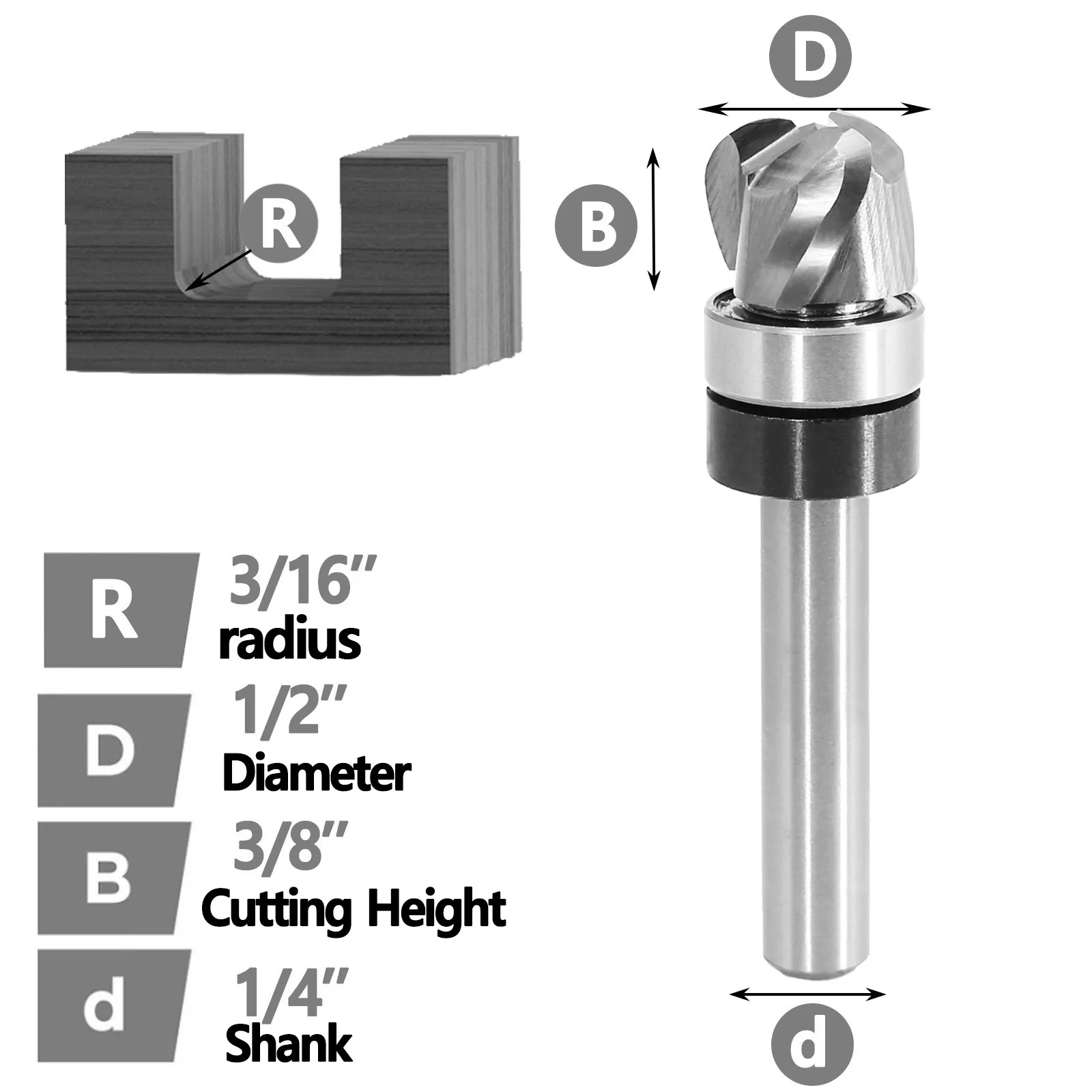 Template Flush Trim Router Bit Pattern Bowl Bottom Clearing 3 Flute,Upcut Spiral 1/2 Cutting Dia. for Flush Trimming -1/4