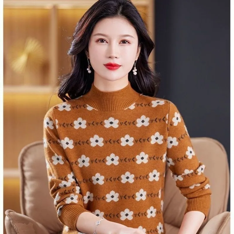 

New Jacquard Autumn Winter Half Turtle Collar Thickened Women's Loose Versatile Western Style Bottoming Sweater