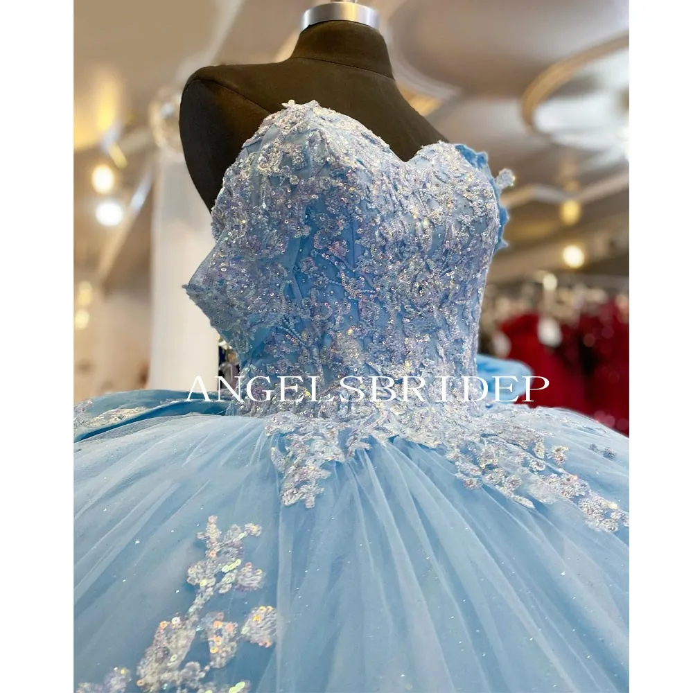 Angelsbridep Sky Blue Beading Princess Ball Gown 15 Year Old Girls Quinceanera Dresses Luxury Appliques Vestidos De 15 Años