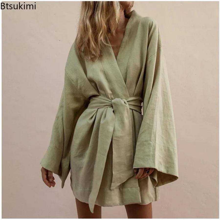 Robe unie en coton et lin pour femmes, manches longues, ceinture, jupe respirante, décontractée, Style Simple, Kimono, ample, mi-longue, chemise