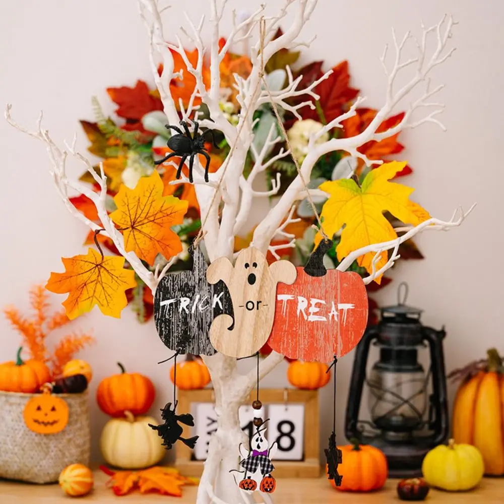 2pcs/set Decorative Halloween Wooden Pendants Witch Colorful Pumpkin Hanging Pendant Ghost Bat Party Ornament