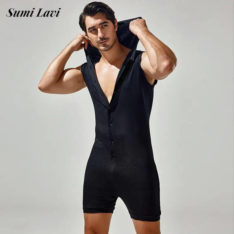 Sexy pijamas dos homens macacões fino ajuste elástico sem mangas cor sólida bodycon bodysuits para homens primavera verão pijamas macacão