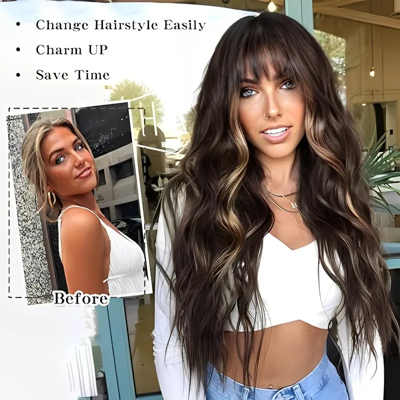 LOUIS FERRE Black Brown With Blonde Highlights Synthetic Wigs With Bangs Long Wavy Women's Hair for Daily Use Party Natural Hair