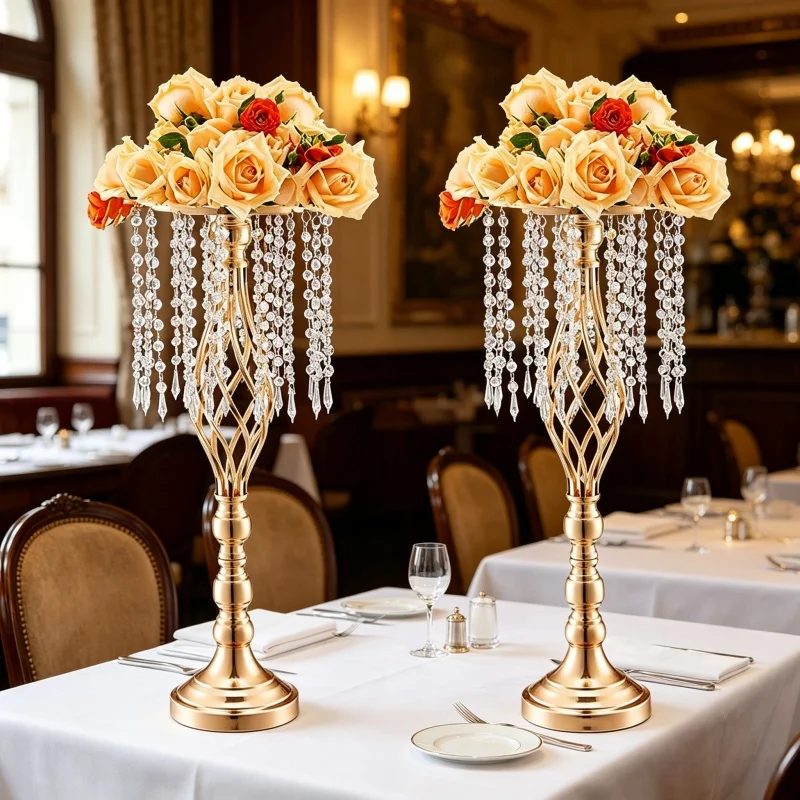 

Elegant Tall Gold Crystal Flower Holder Luxurious Twisted Metal Vase Centerpiece with Hanging Beads for Wedding Home Table Decor