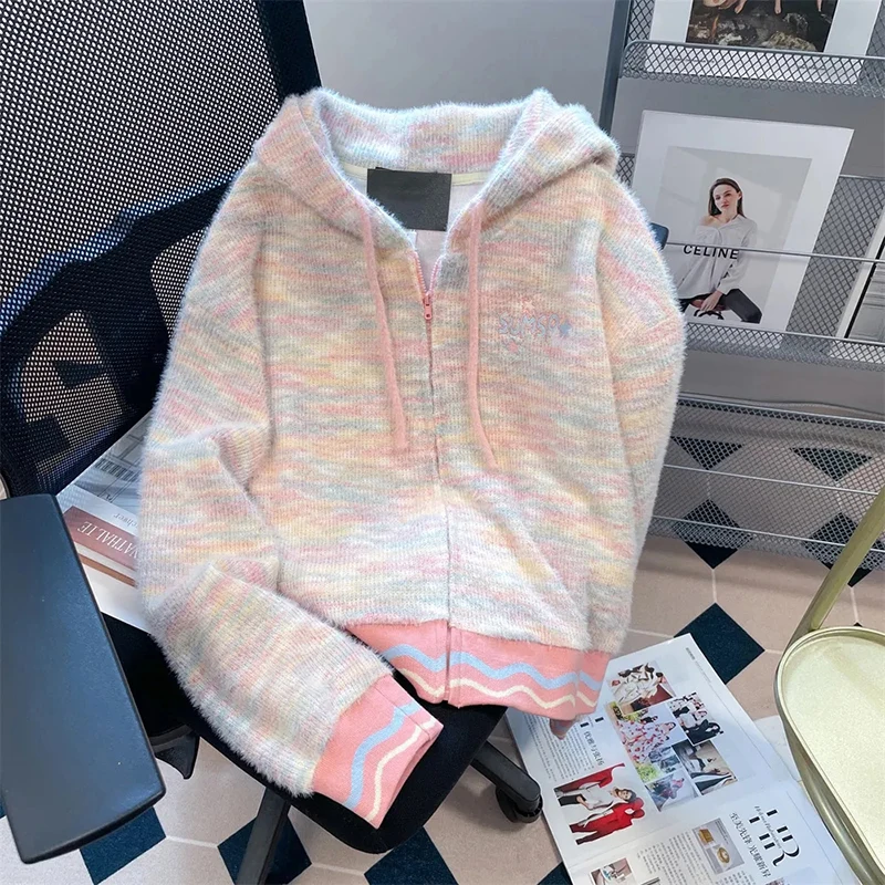 

Women Sweetheart Hooded Cardigan Long Sleeve Knit Zip Cute Patchwork Coat Preppy Style Striped Harajuku Y2K Sweater Korean