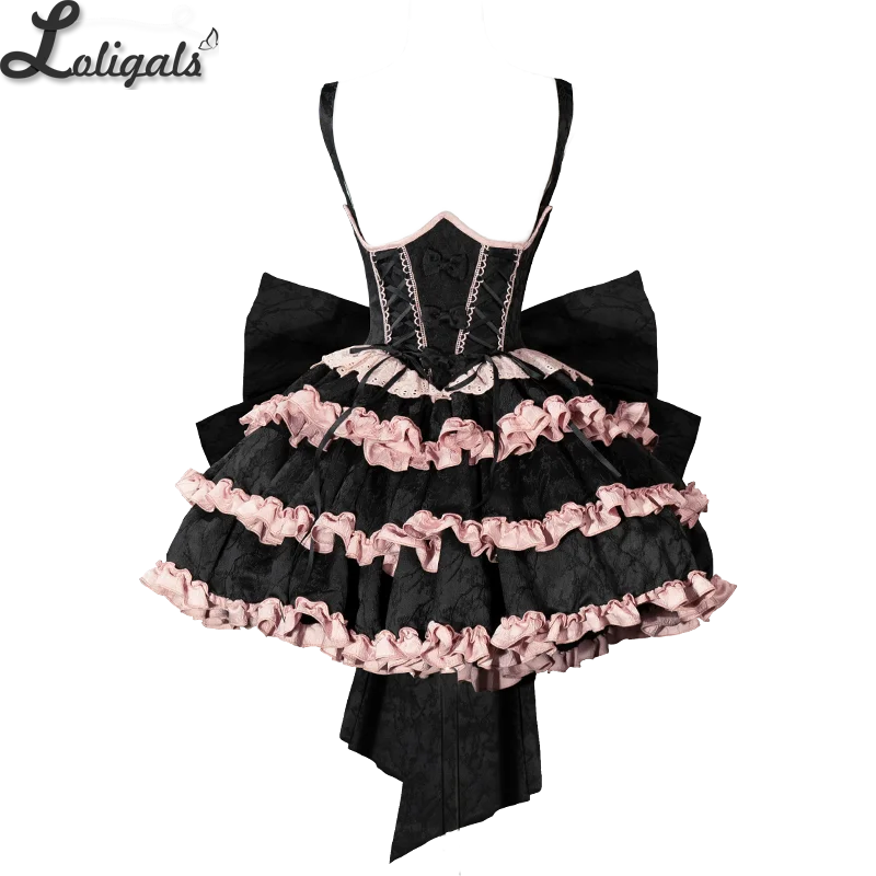 

Pre-order Sweet Lolita Dress Sexy Mini Under Bust Black Pink Layered Party Dress w. Bow Trailing for Autumn Winter by Ocelot