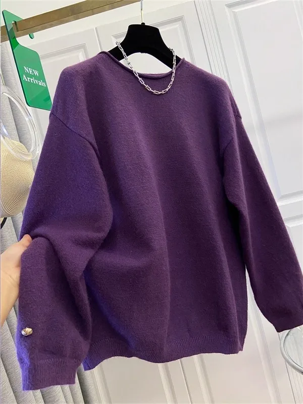 

Женский уникальный фиолетовый вязаный свитер больших размеров с длинными рукавами, теплый, свободный, для осени и зимы, повседневный, с круглым вырезом