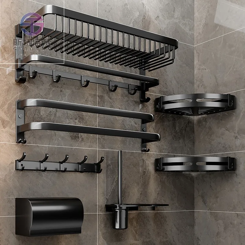 

Matte Black Aluminum Folding Bathroom Accessories Kit 7-Piece Modern Ceramic Self-Adhesive Fittings for Modern Washrooms