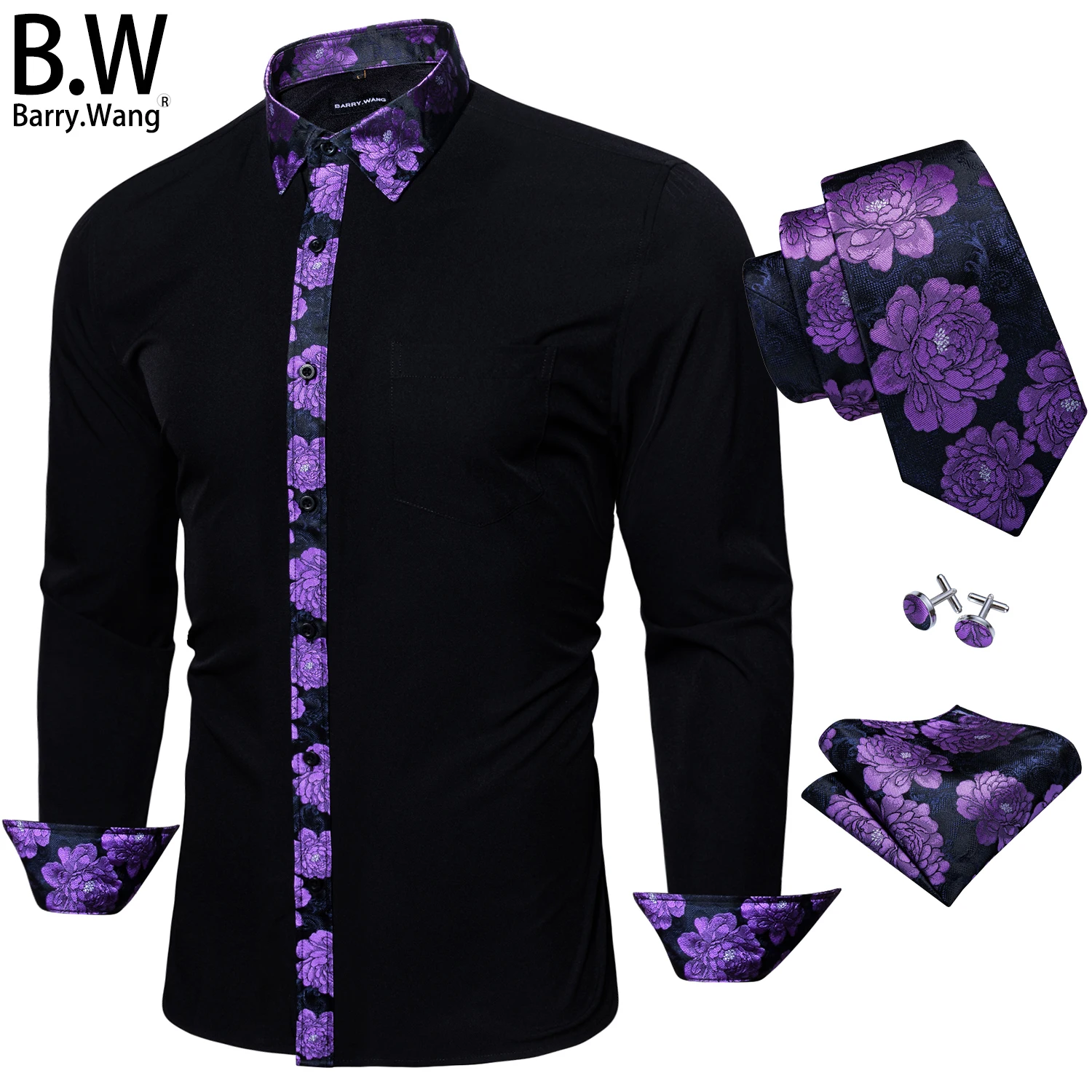 Barry.Wang Designer Silk Mens Shirt Tie Set Jacquard Paisley Long Sleeves Male Blouses Necktie Hanky Cufflinks Wedding Business