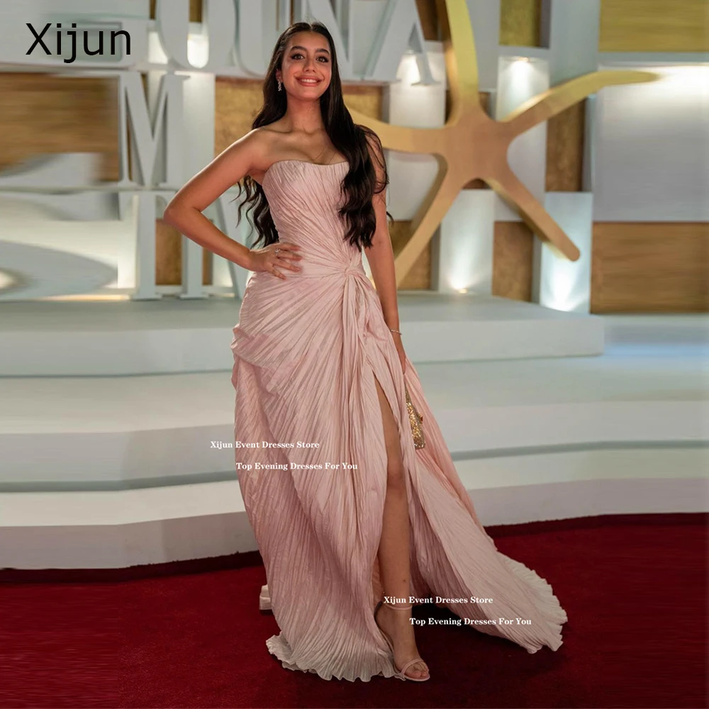 

Xijun Modern Pink Taffeta Evening Dresses Sleeveless Split A-Line Long Prom Gowns Formal Occasion Celebrity Prom Gown Customized