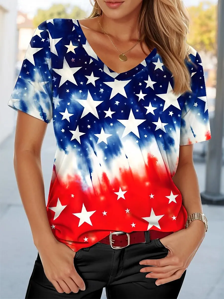 

2025 New Star Print Women's T-Shirt Plus Size Top America Flag Summer Women's Trendy Clothing Short Sleeve Shirt V-Neck Blouse