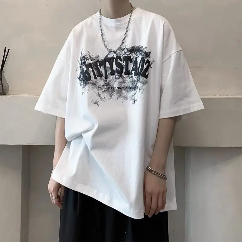 

Men's White Printing Letter T Shirts Summer New Short Sleeve Trend Solid Loose Youth All-match Casual Tops Fashion Men Clothes