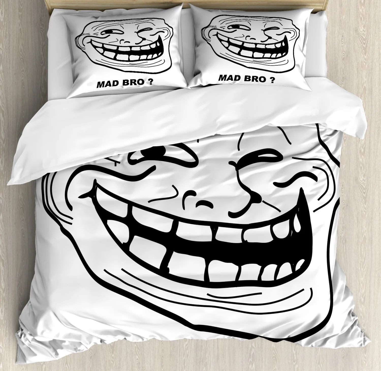 Humor Decor Queen Size Duvet Cover Cartoon Style Troll Face Guy with Popular Artful Facial Expression Soft Polyester Bedding Set