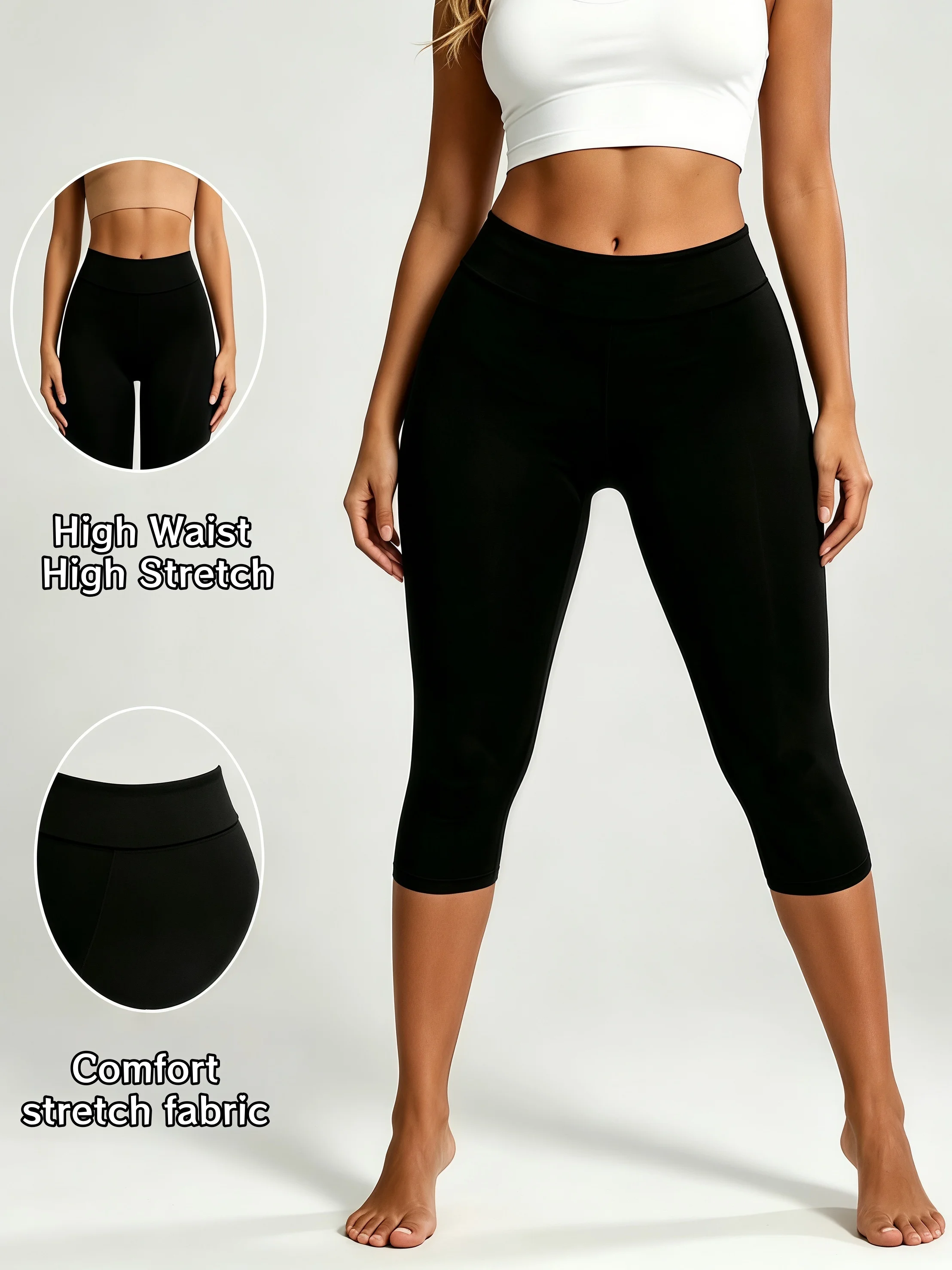 Women's Solid High Waist High Stretch Capri Leggings Comfort Seamless Versatile Base Layer Pants for Work Casual Sports