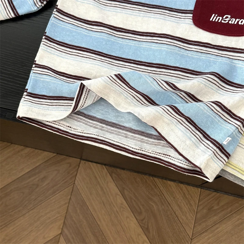 Kinder Langarm-T-Shirt Neues Retro-Streifen-Baumwollhemd Frühling Herbst Lässiges Oberteil mit Tasche für Baby Kleinkind Jungen Mädchen – Detail 5