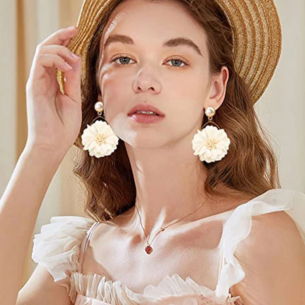 

1Pair Fabric Flower Pearl Earrings Aesthetic Flower Drop Earrings for Women Party Statement Fashion Jewelry Ear Jewelry