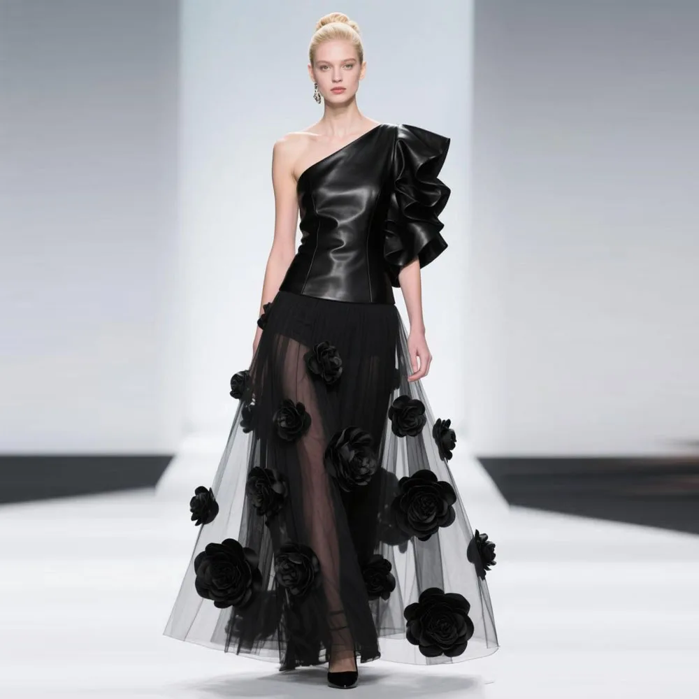 

Couture Formal Dress Leather One Shoulder Top And See Thru Bloom A-line Tulle Skirt Costumes For Stage Show