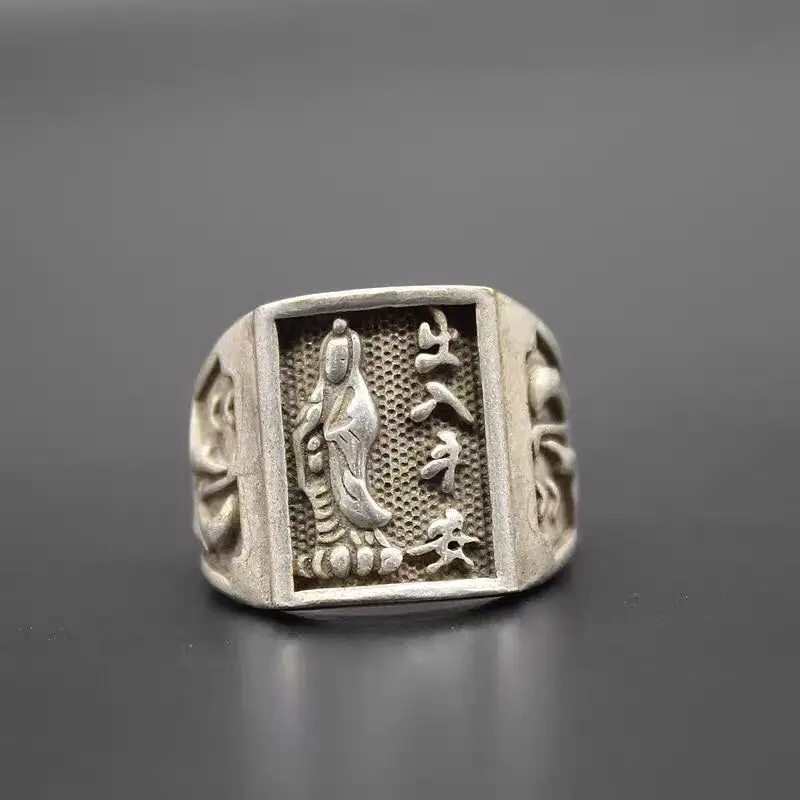 Collection Old Chinese Tibet Silver Handmade Avalokitesvara Ring Ornament Gift