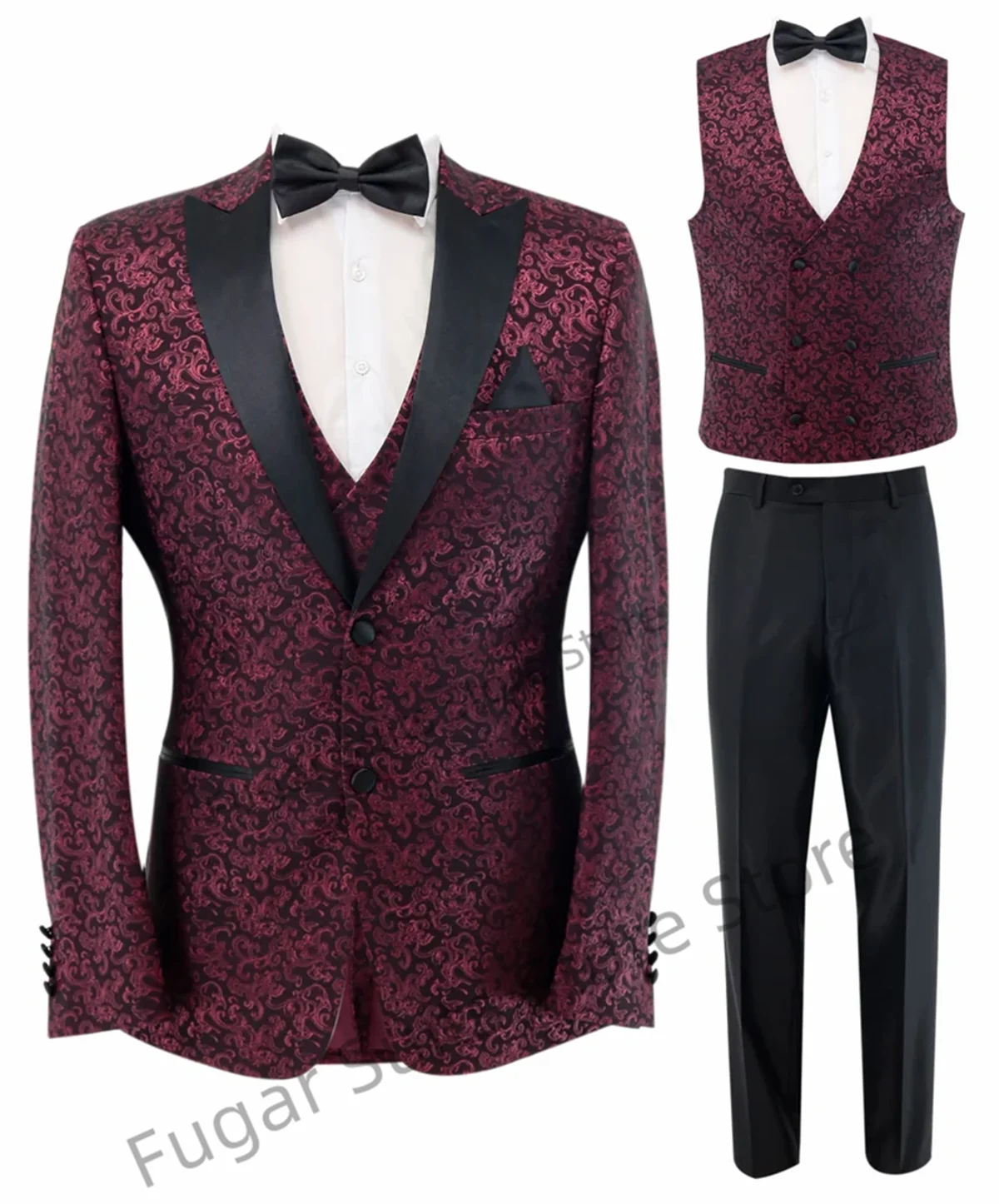 

Luxuly Burgundy Patterned Wedding Suits For Men Slim Black Peak Lapel Groom Tuxedos 3 Pcs Sets Formal Male Blazer Costume Homme