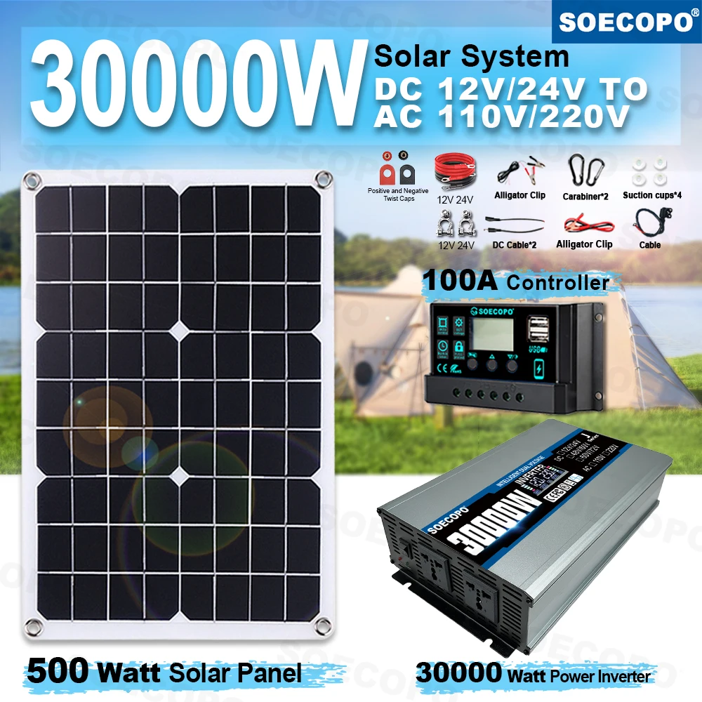 SOECOPO 30000W Draagbaar Zonnesysteem Generator Kit 500W Paneel Inverter 100A Controller voor Kamperen, Noodstroomvoorziening & Buitenactiviteiten