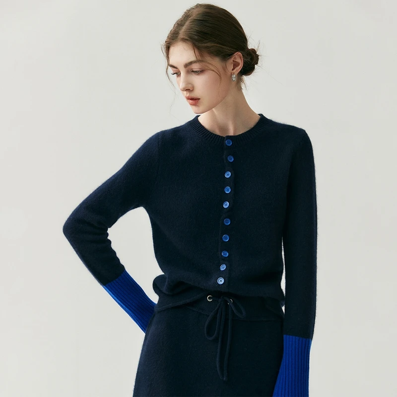 시크 여성 100% 캐시미어 가디건 컬러 프레피 스타일 블로킹 슬리브 캐시미어 스웨터 가을 겨울 기본 소프트 가디건 코트