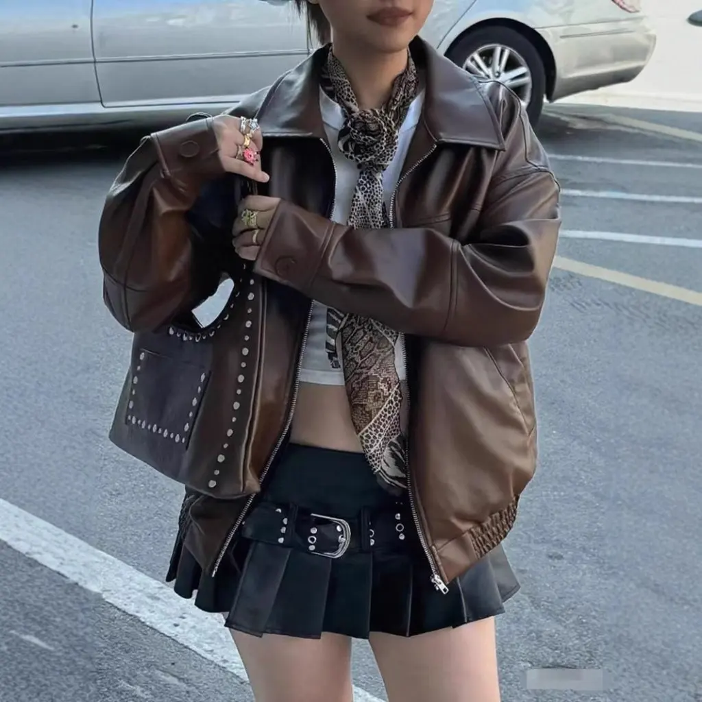 Ladies' Motorcycle Biker Jacket Large Size Red Vintage American Style Quality Leather Coat Regular Fit Women's Outerwear