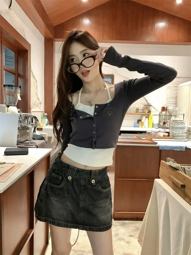 Damen Koreanischer Ins-Stil Reines Y2K Hot Girl Neckholder Langarm-T-Shirt Frühling Herbst Neues Slim-Fit Schulter-Fake-Zweiteiler-Oberteil – Detail 20