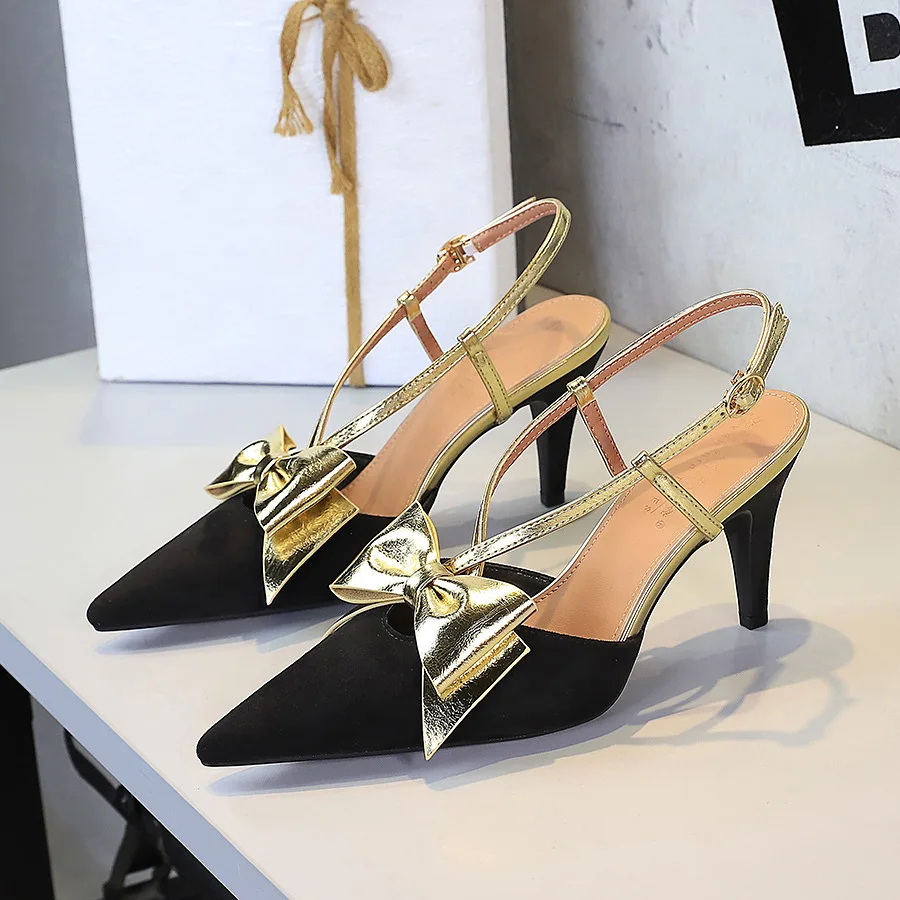 

Французские банкетные туфли на высоком каблуке с острым носком и пряжкой в тон, одинарные туфли с бантом, женская обувь
