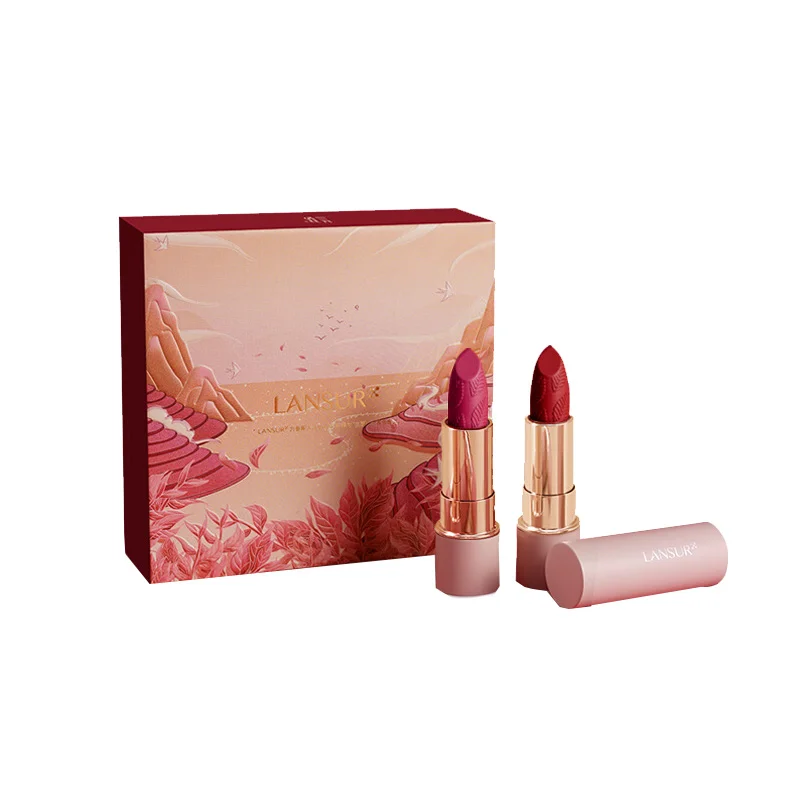 Lansur batom caixa de presente natal veludo retro vermelho marrom branco batom estilo nacional esculpido batom namorada pacote de 2 peças