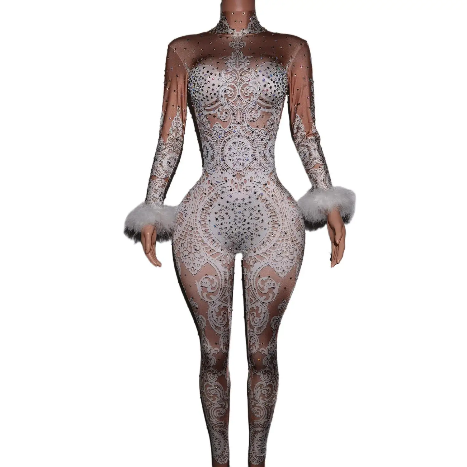 

Women One Piece Bodysuit Ladies Club Party Celebration Rhinestone Jumpsuit Sexy White Lace Pattern Bodycon Rompers Dance Costume