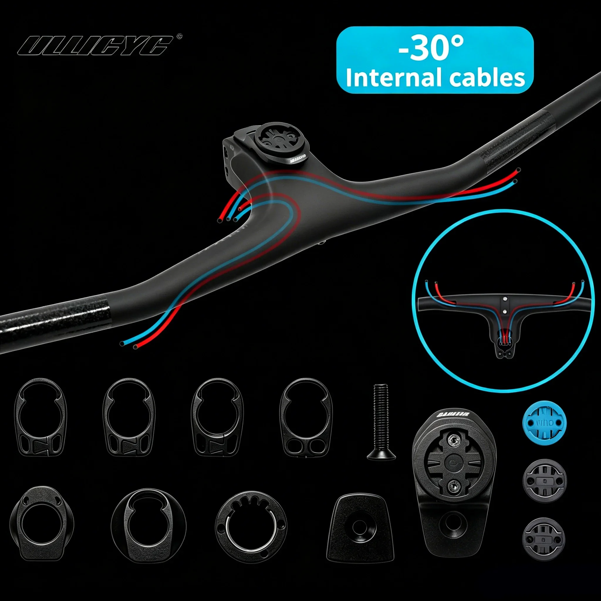 ULLICYC XC MTB Carbon Integrated Handlebar 70-100mm Internal Hidden Cables Cockpit Bar -30°, Titanium Bolts with Computer mount