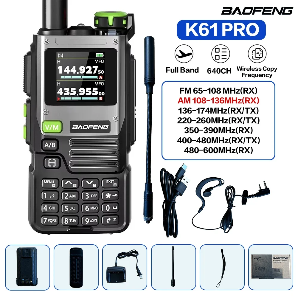 

Многодиапазонная рация BAOFENG K61 PRO с беспроводной копировкой частоты DTMF NOAA Type-C 640CH Модернизированная UV-5R UV-K5 8-ячеечная двусторонняя радиостанция